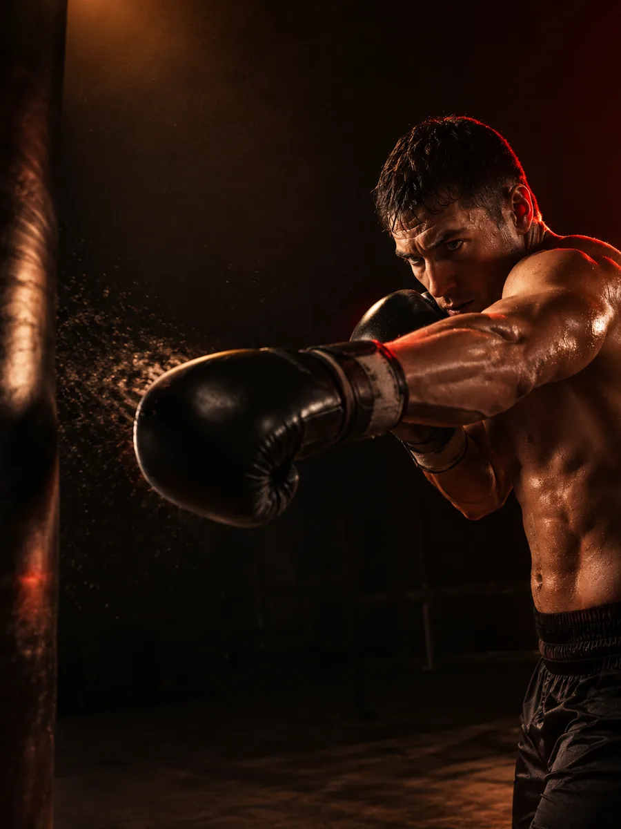 Boxeador treinando em saco de pancada, academia de Boxe