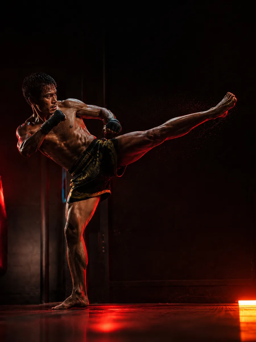 Lutador de Muay Thai aplicando chute, academia de Muay Thai