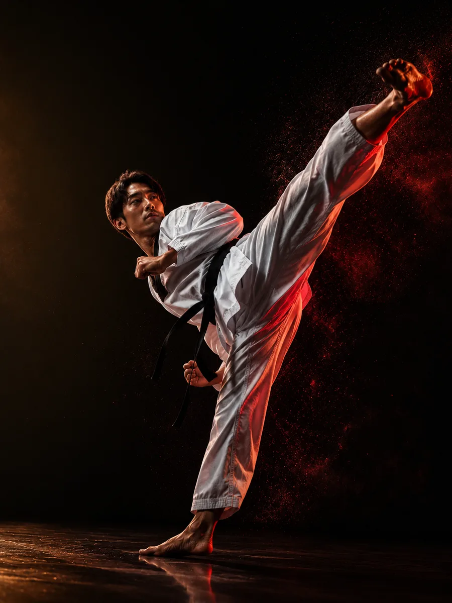 Atleta de Taekwondo aplicando chute alto, academia de Taekwondo