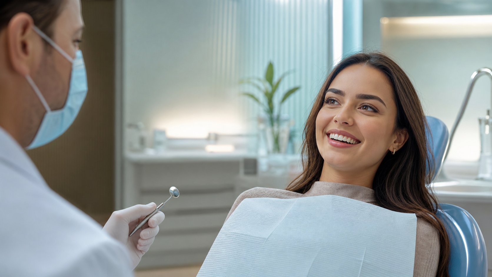 Dentista conversa com paciente em clínica odontológica contemporânea