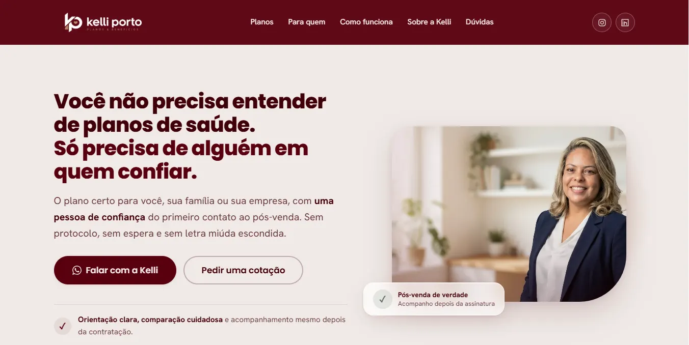 Site institucional entregue para a Kelli Porto — Planos e Benefícios
