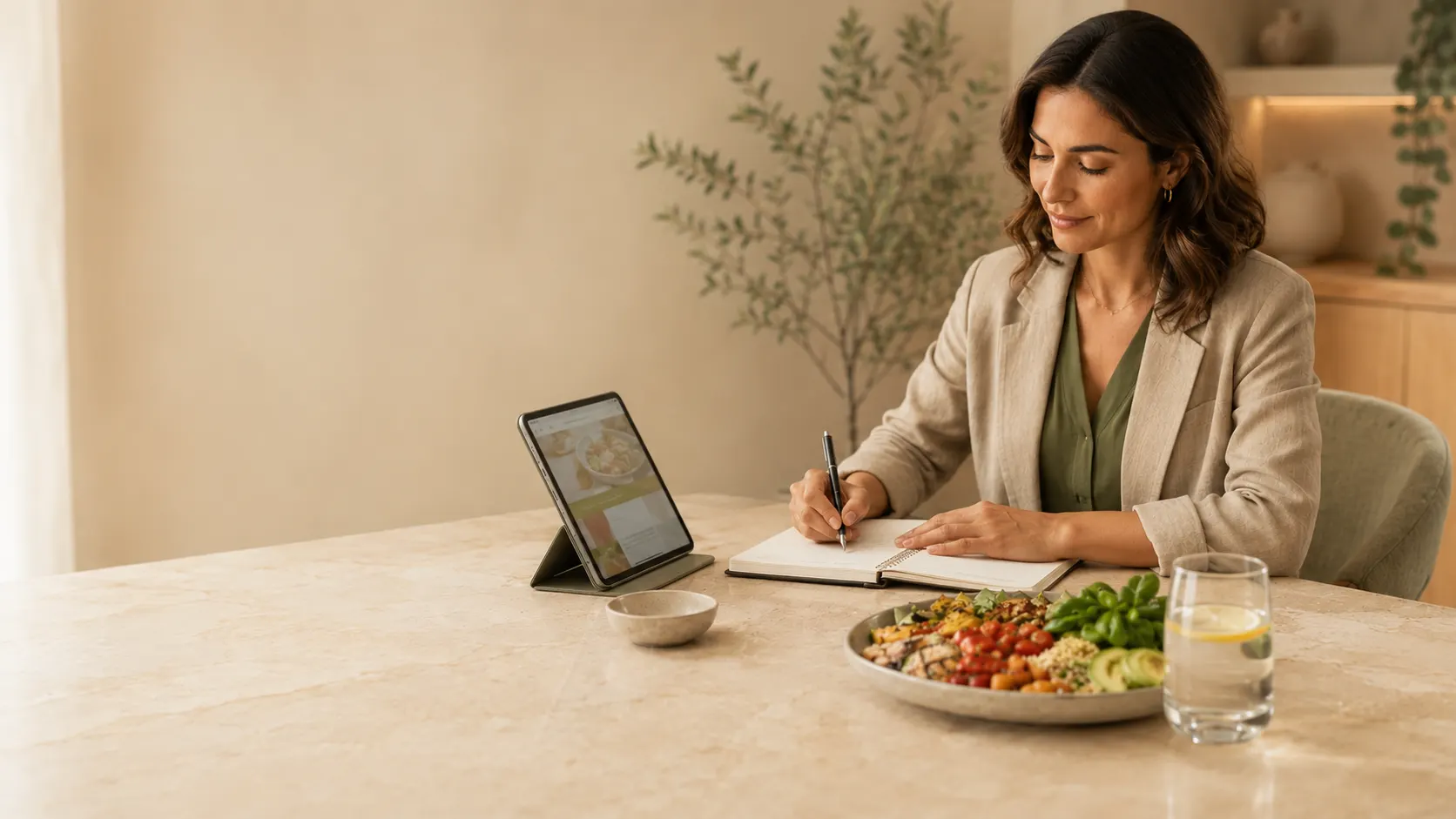 Nutricionista planejando o cardápio de um paciente, com o site do consultório aberto no tablet ao lado