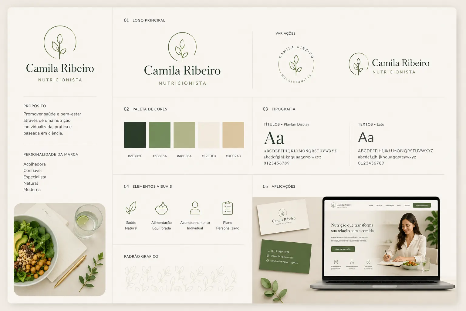 Projeto completo de identidade visual para a nutricionista Camila Ribeiro