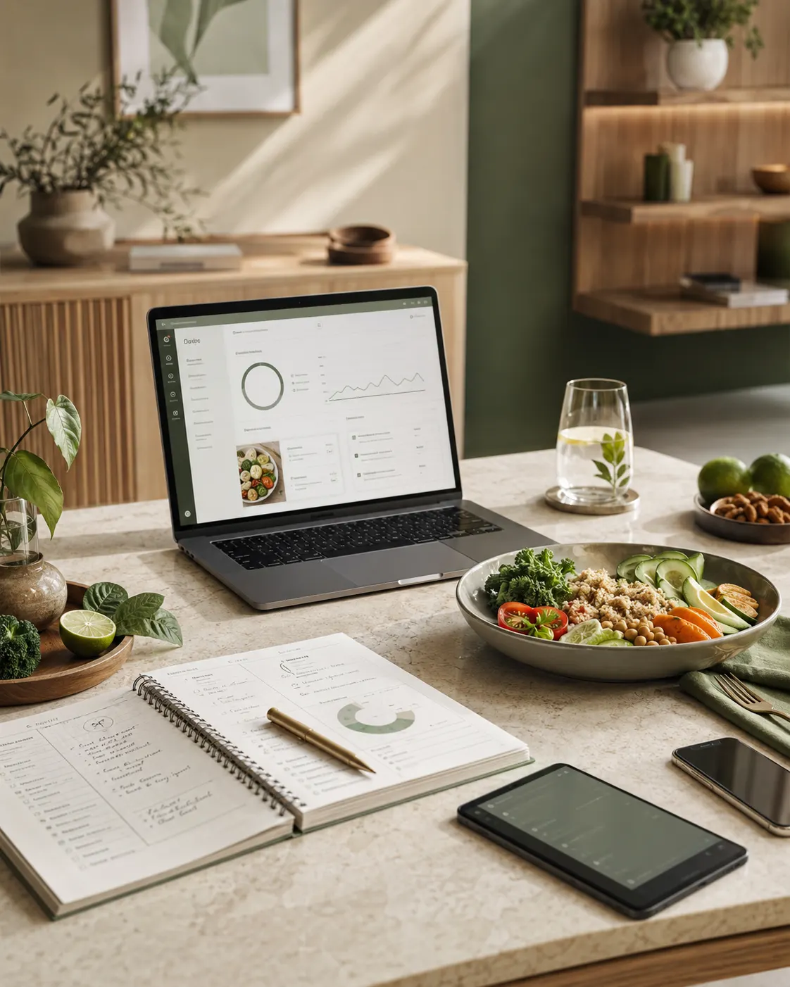 Ambiente de trabalho de uma nutricionista com software de gestão, planejamento alimentar e refeição saudável