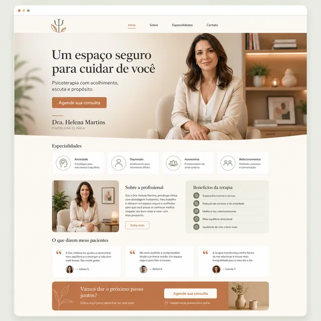 Landing page de consultório de psicologia, com hero de acolhimento, especialidades e depoimentos