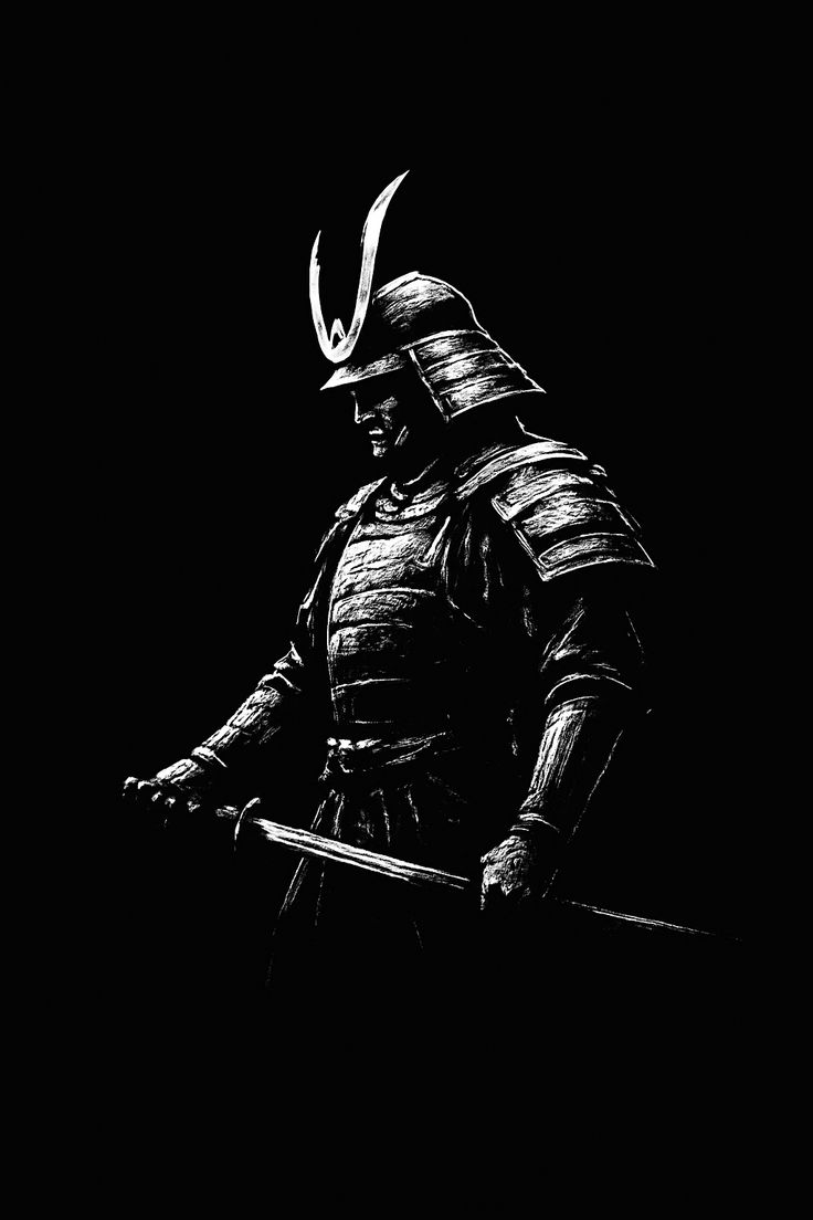 Ilustração de samurai em armadura, estilo carvão