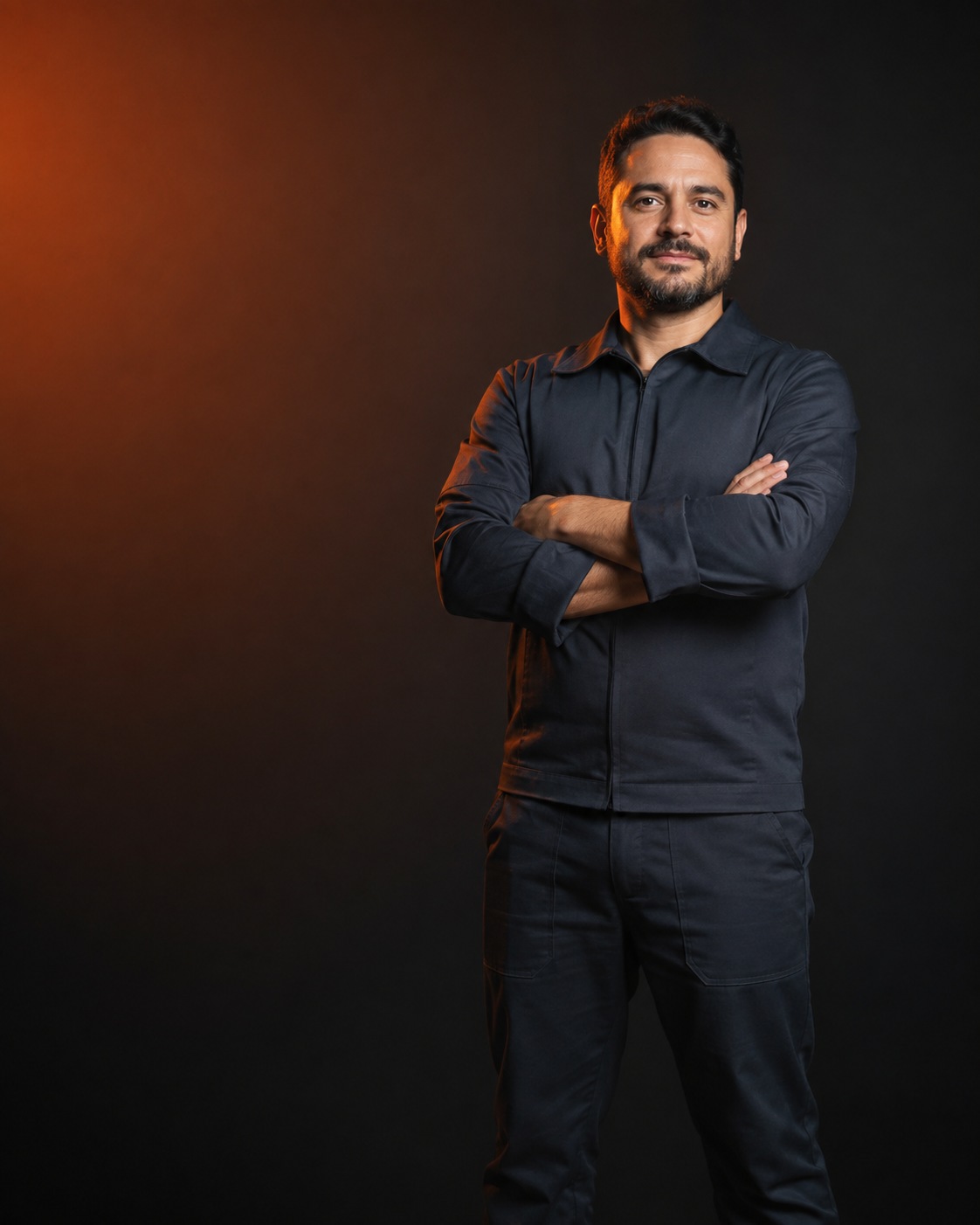 Prestador de serviço autônomo, uniforme escuro, braços cruzados, olhando para a câmera com confiança