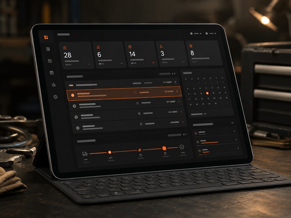 Tablet exibindo dashboard de agenda e orçamento do Selfware