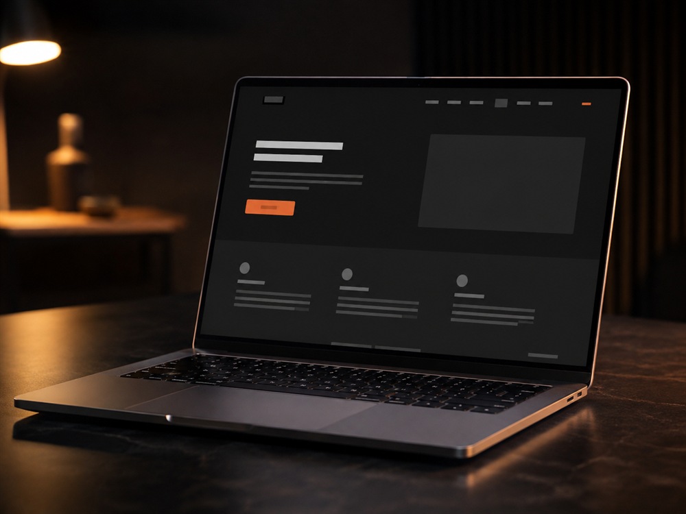 Notebook exibindo mockup de site institucional com tema escuro e botão de ação em laranja