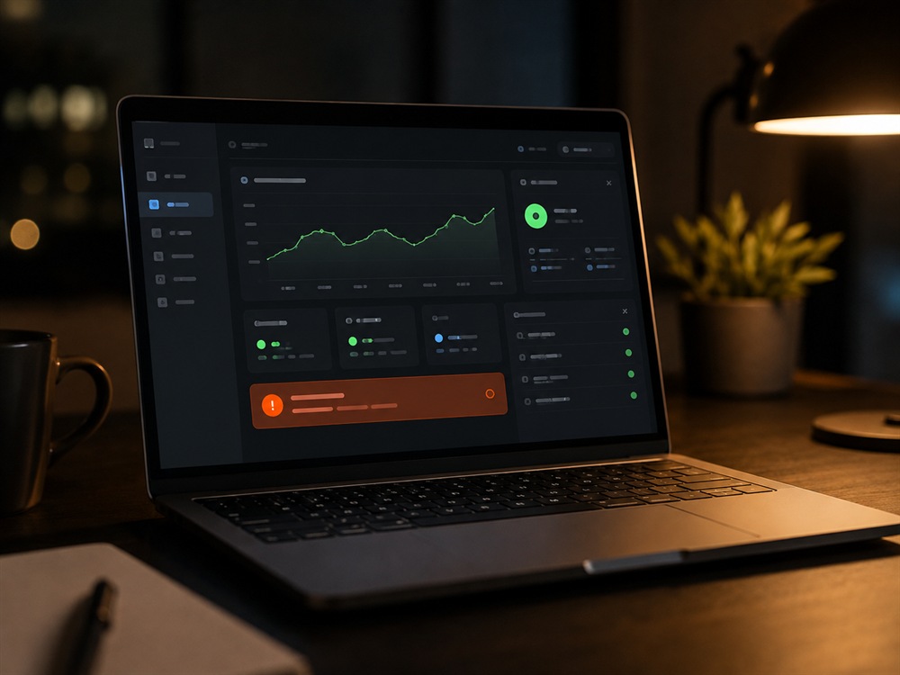 Notebook exibindo painel de monitoramento e suporte com status online